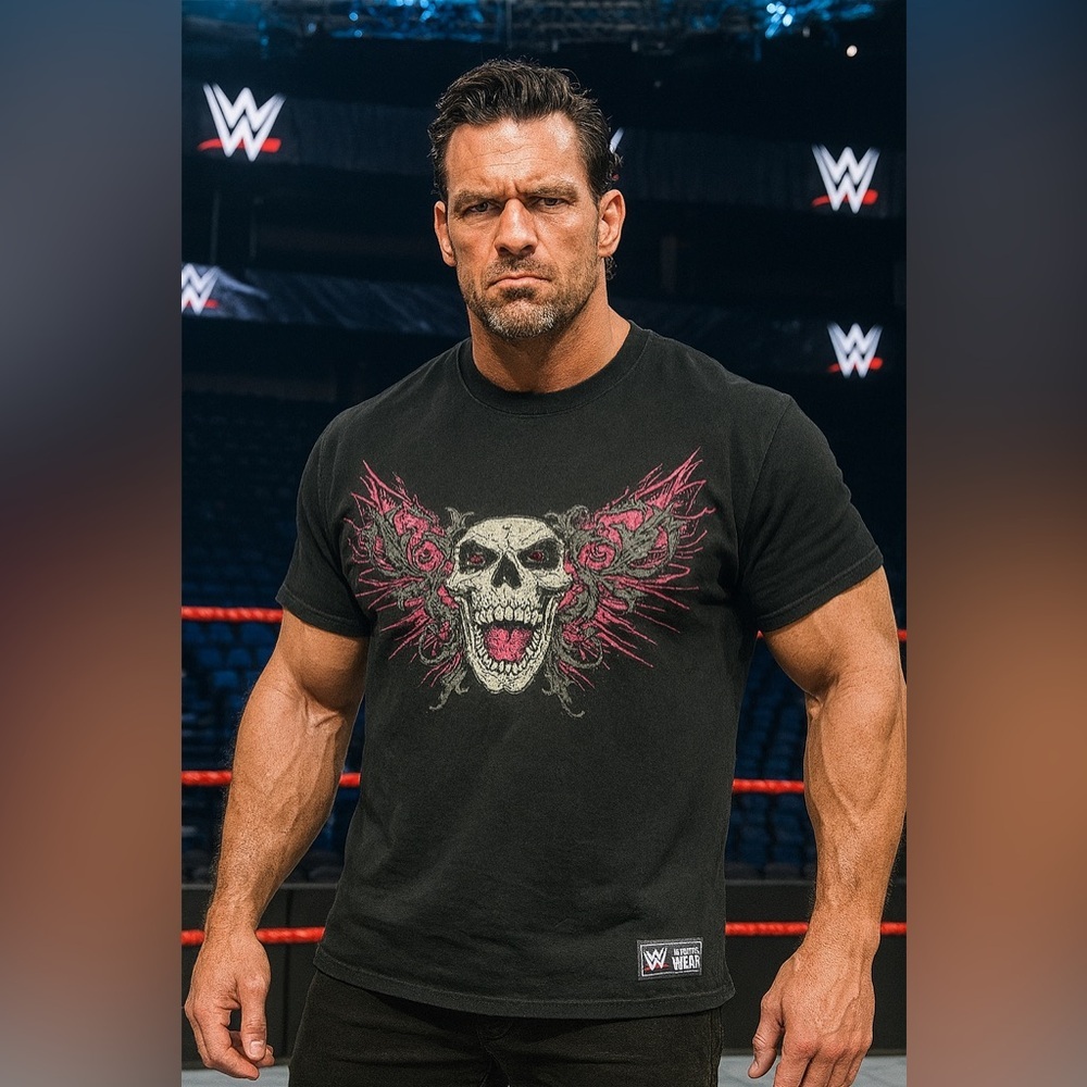 Very Rare Vintage WWE Bret Hart T-Shirt Skull Wings Graphic Black Authentic Wear